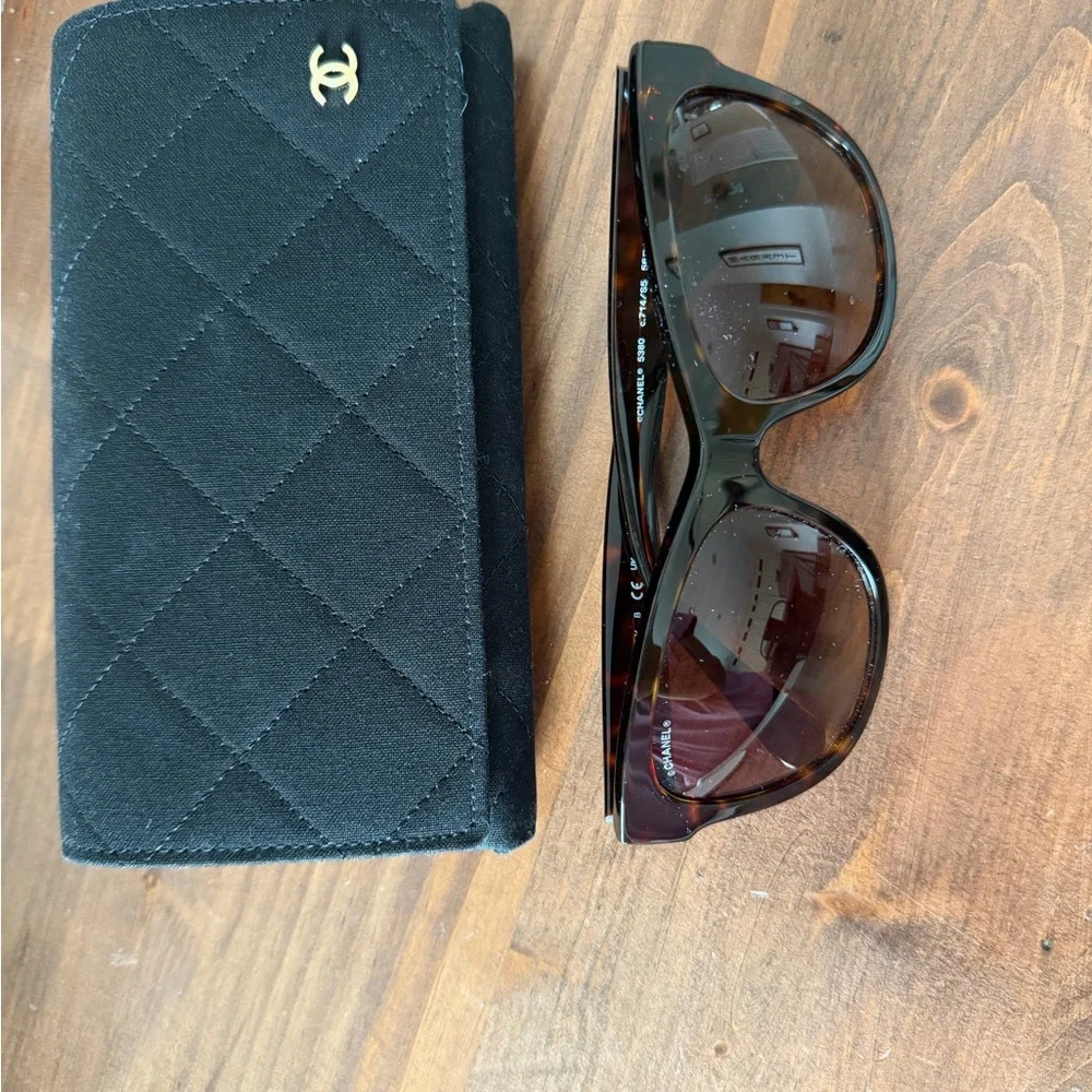 CHANEL Dark Tortoise Sunglasses with Gold Logo Accent